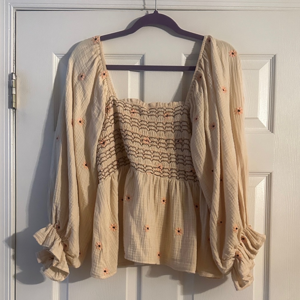 Pink Lily Cream Smocked Blouse with Floral Accents